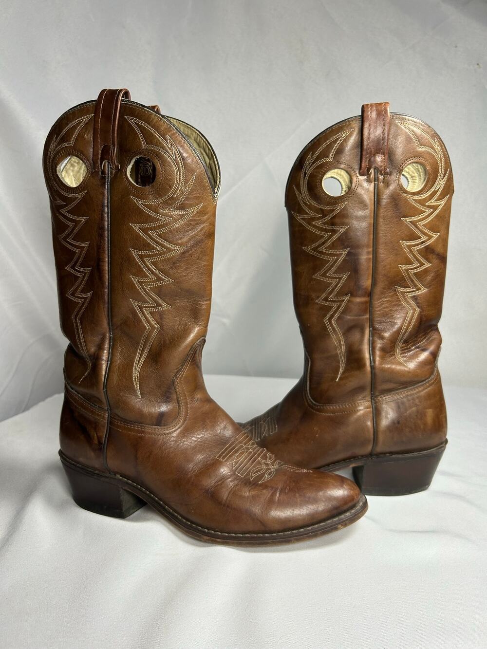 Vtg ACME Mens Western Cowboy Boots Style Made In USA Tan Embroidered Sz 9.5D